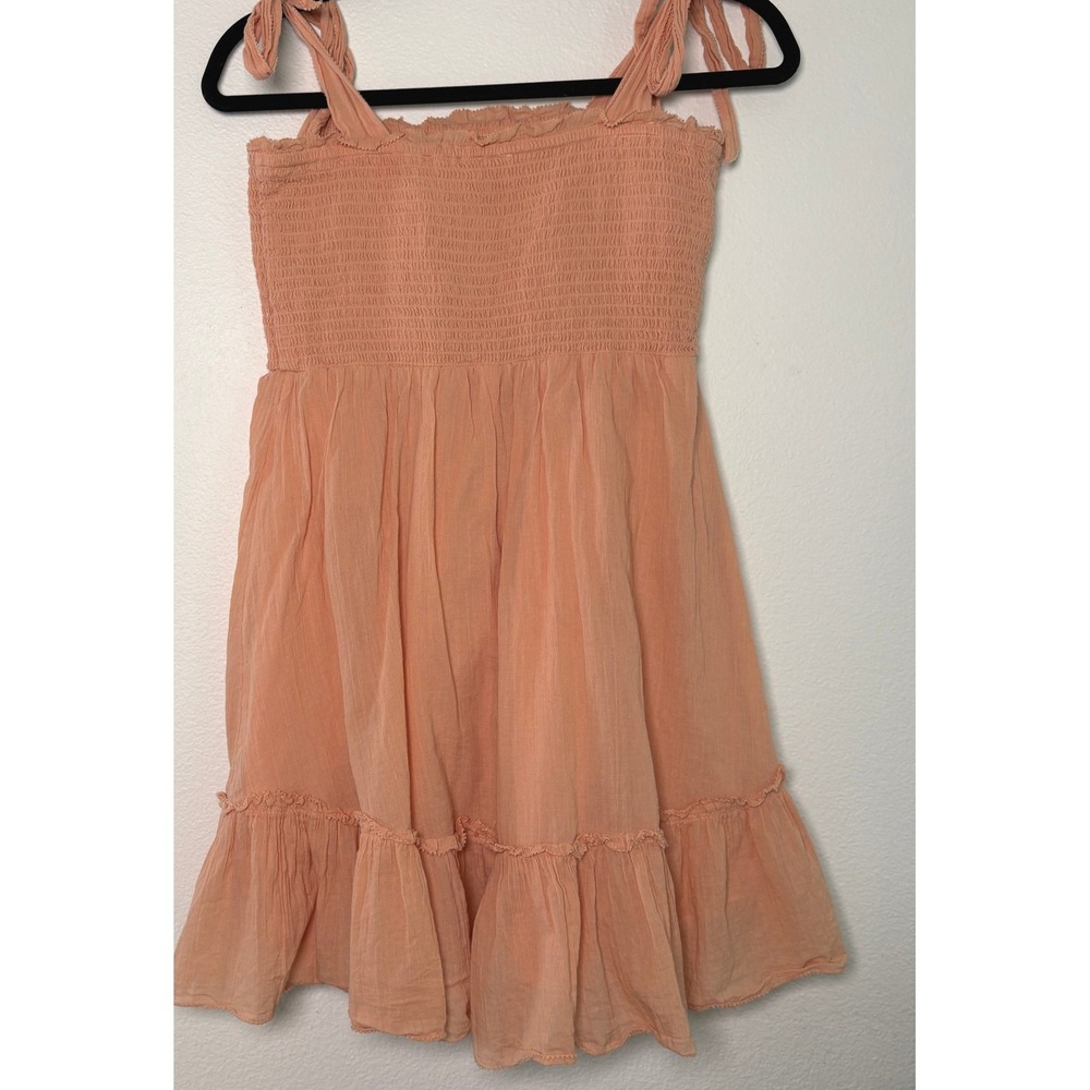 Aerie Smocked Mini Dress Peach Apricot Tie Shoulder Ruffle Hem Womens Medium - Picture 5 of 9